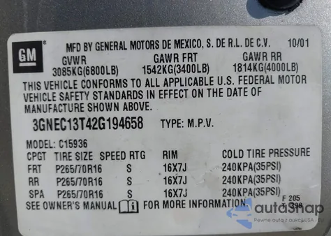 2002 Chevrolet Avalanche 1500 z USA, uszkodzony, nr VIN 3GNEC13T42G194658